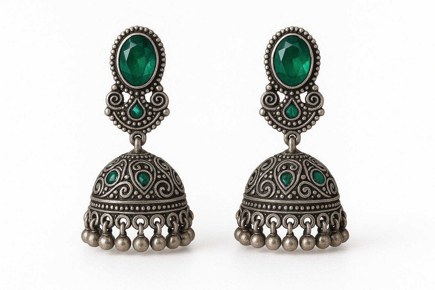 Oxidized Silver Jhumkas 50 with emerald give the image in png format no background  