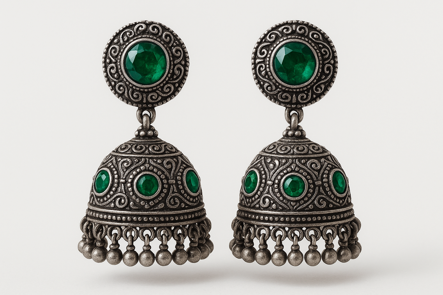  Oxidized Silver Jhumkas 50 with emerald give the image in png format no background