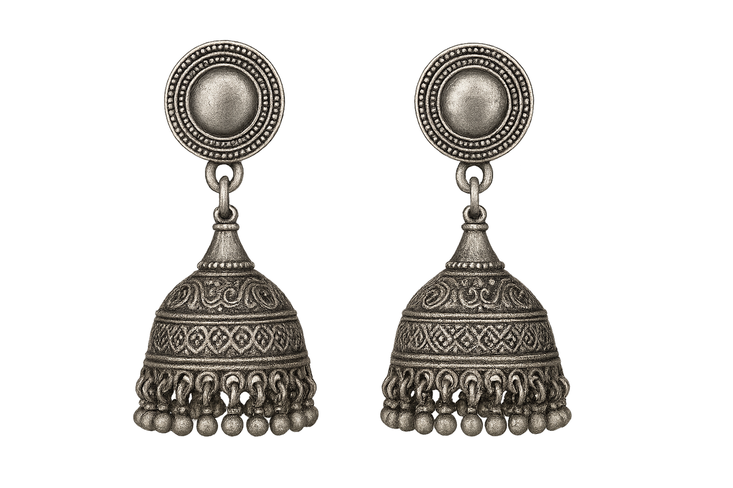 Oxidized Silver Jhumkas 50 with none give the image in png format no background 
