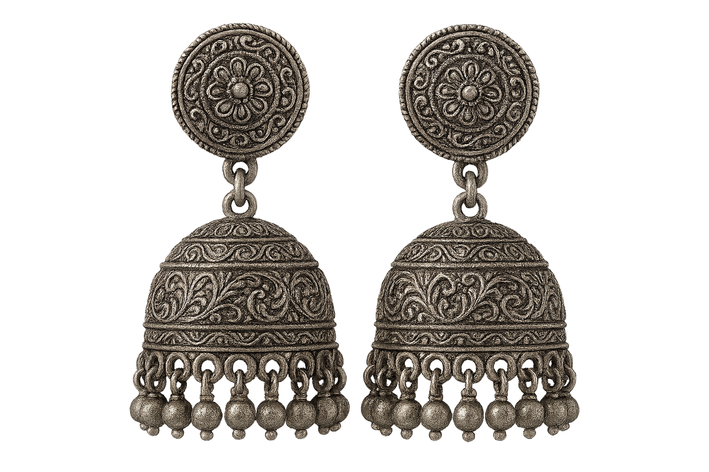 Oxidized Silver Jhumkas 50 with none give the image in png format no background