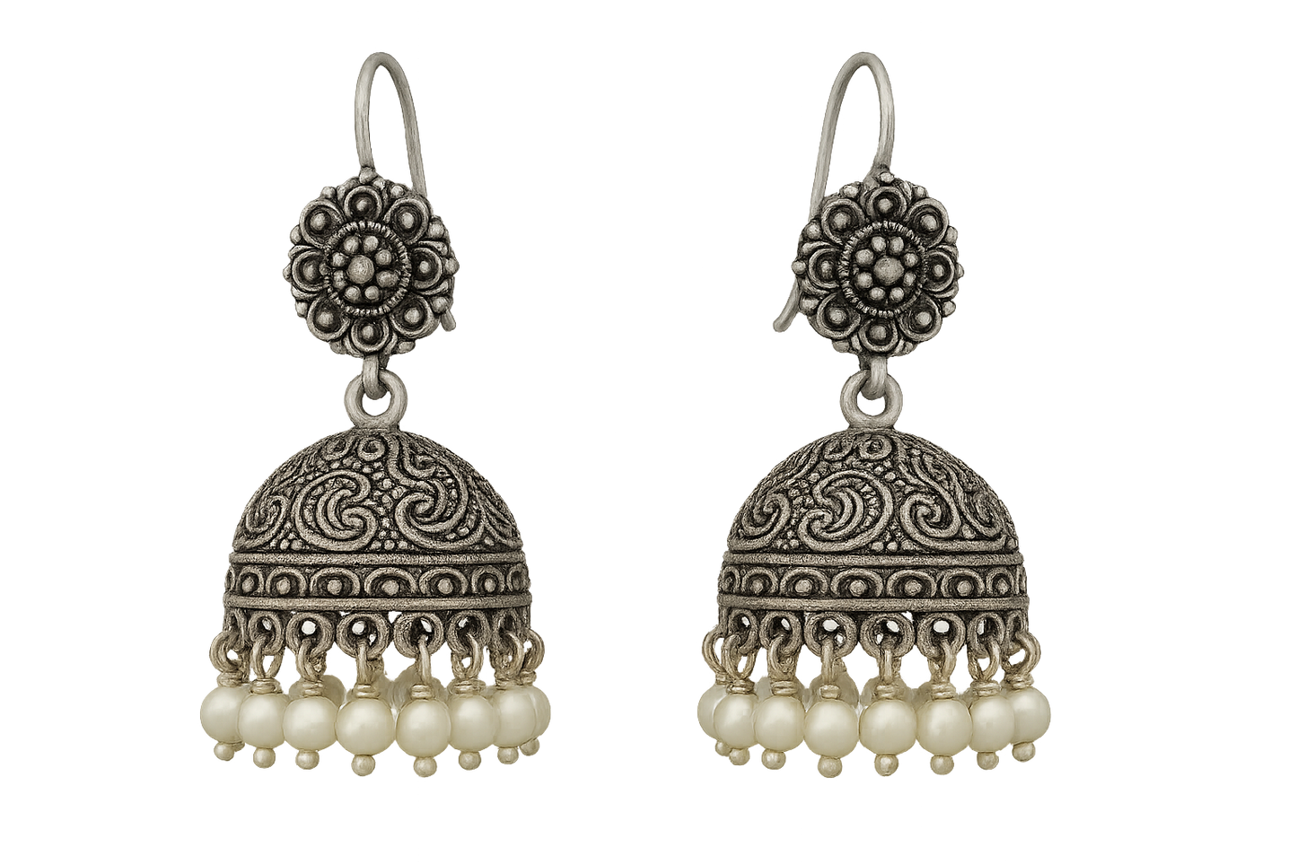 Oxidized Silver Jhumkas 50 with pearl give the image in png format no background 