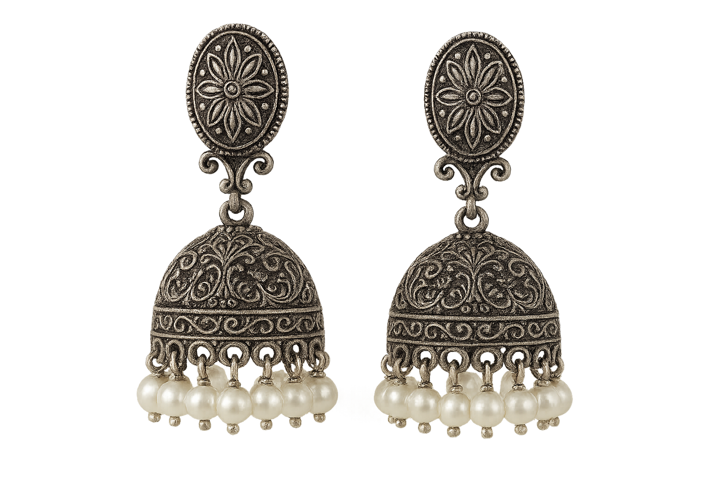 Oxidized Silver Jhumkas 50 with pearl give the image in png format no background