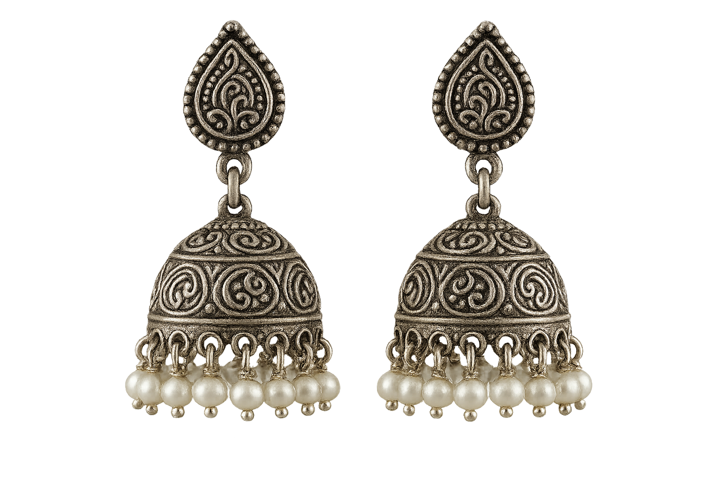 Oxidized Silver Jhumkas 50 with pearl give the image in png format no background  