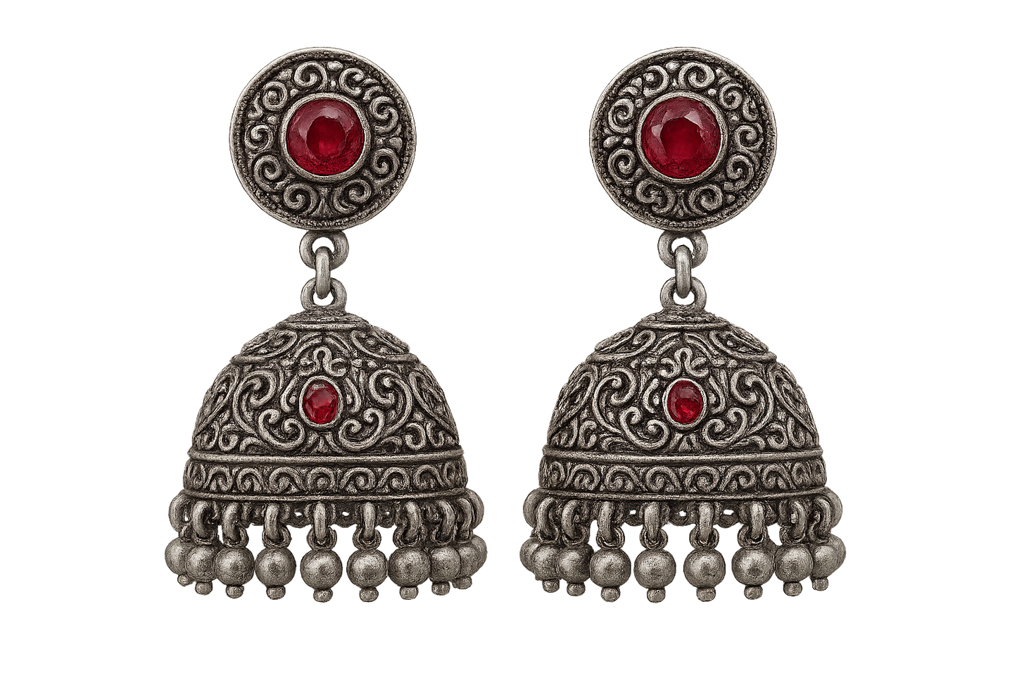 Oxidized Silver Jhumkas 50 with ruby give the image in png format no background 