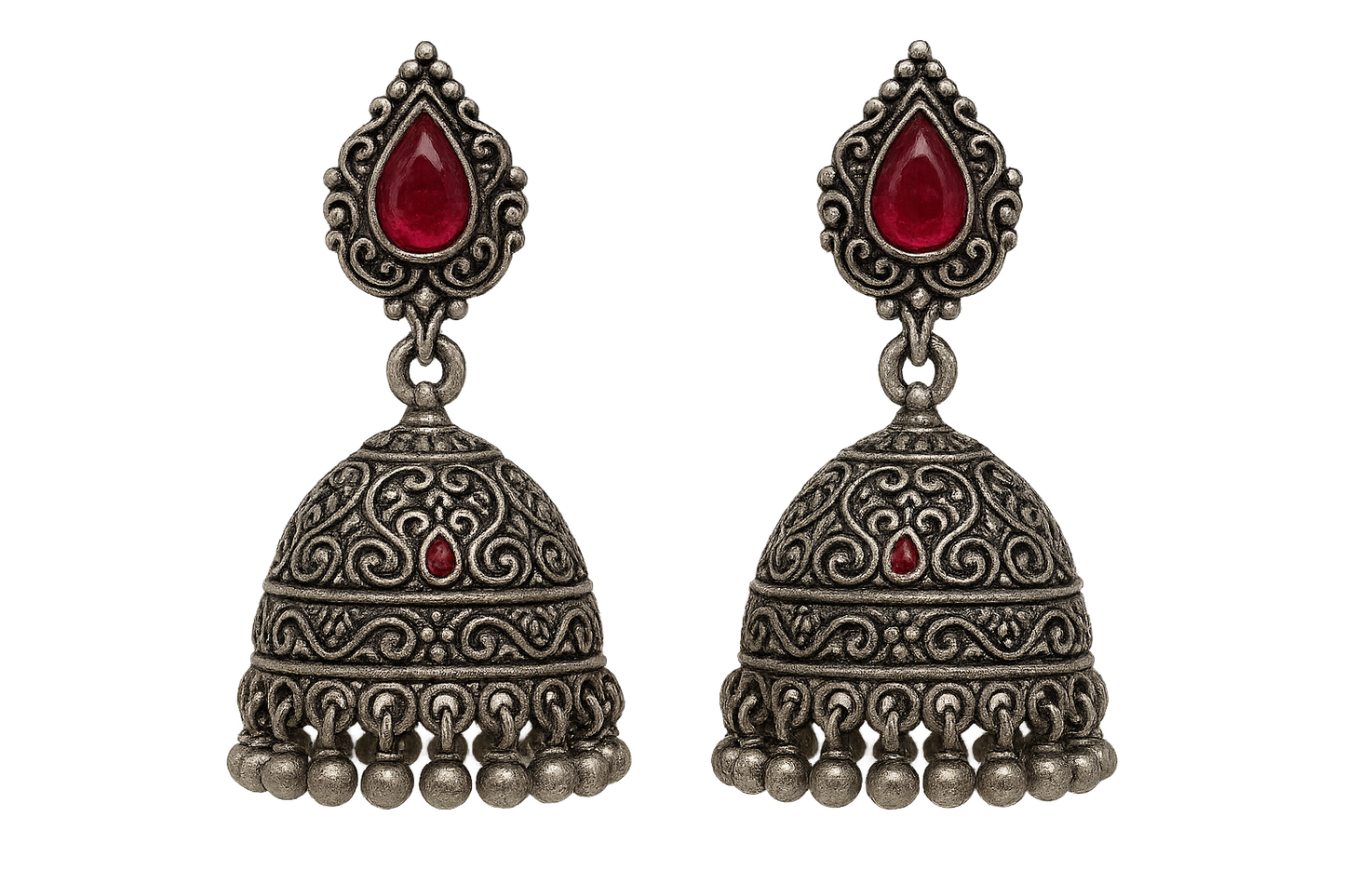 Oxidized Silver Jhumkas 50 with ruby  give the image in png format no background 