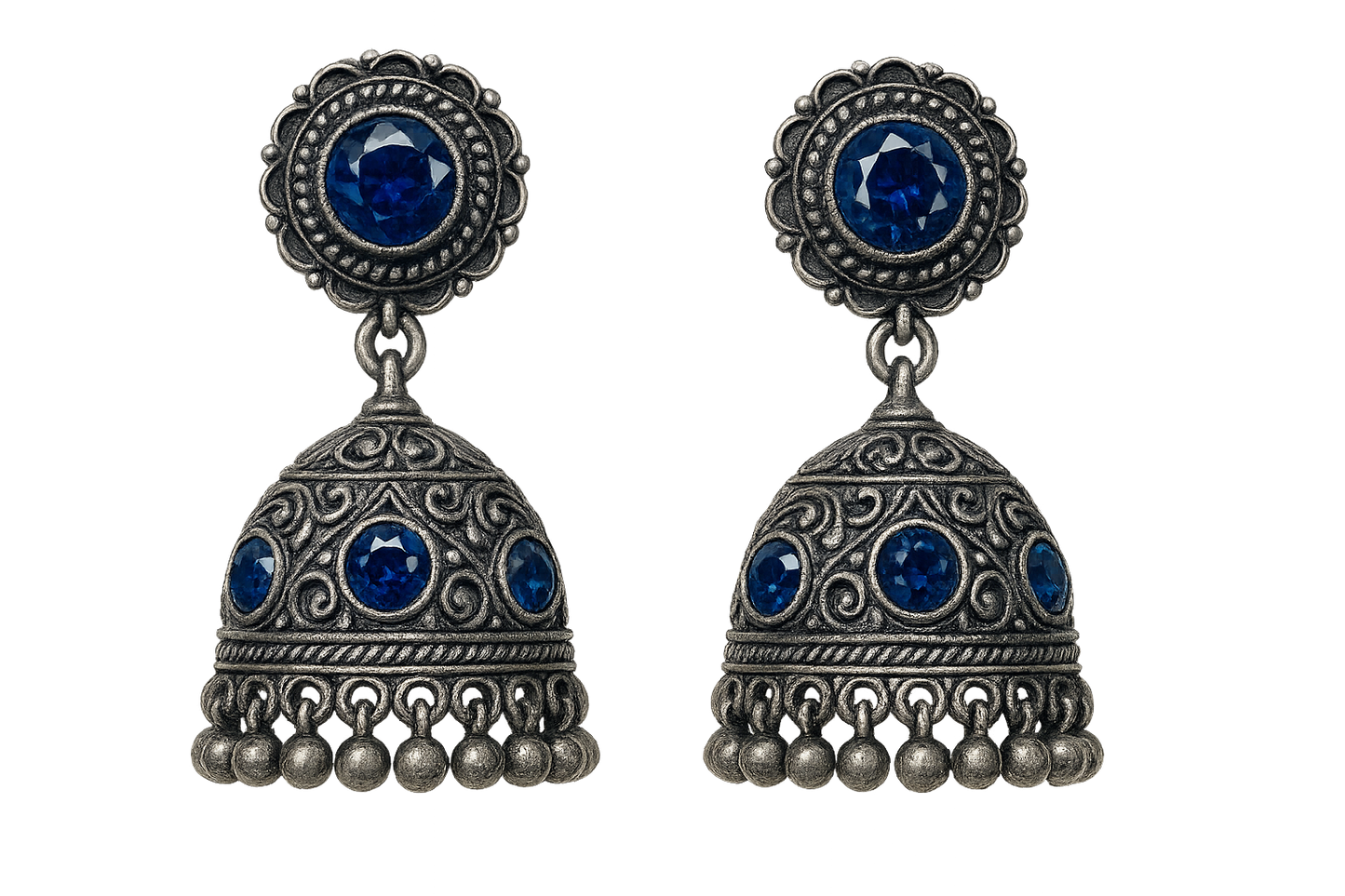 Oxidized Silver Jhumkas 50 with sapphire give the image in png format no background 