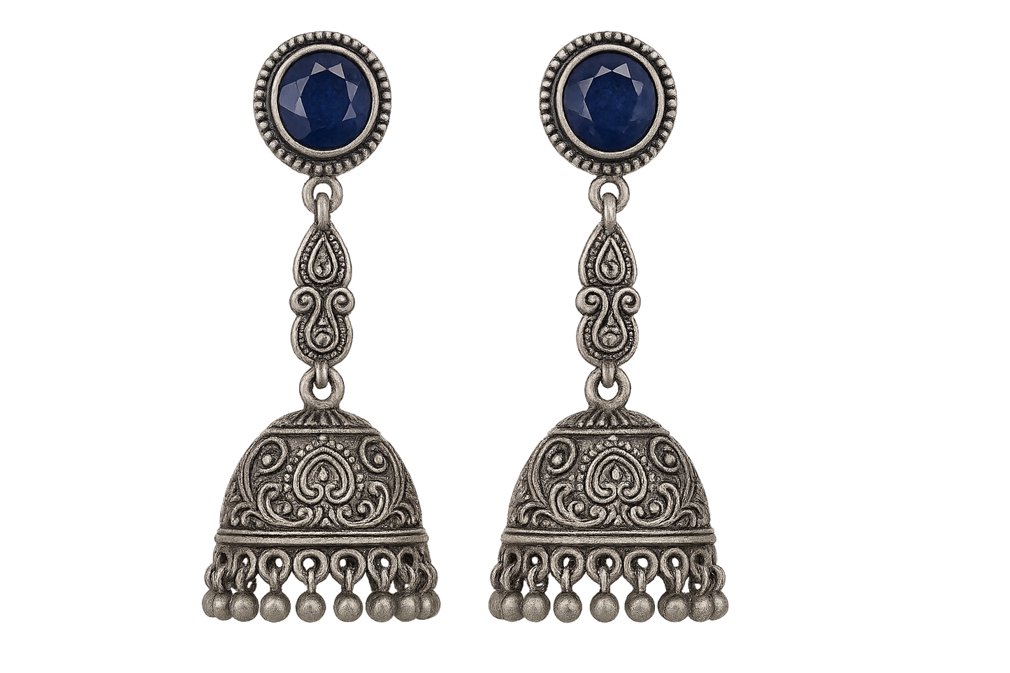 Oxidized Silver Jhumkas 50 with sapphire give the image in png format no background 