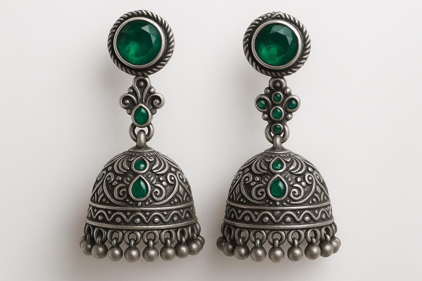 Oxidized Silver Jhumkas 51 with emerald give the image in png format no background
