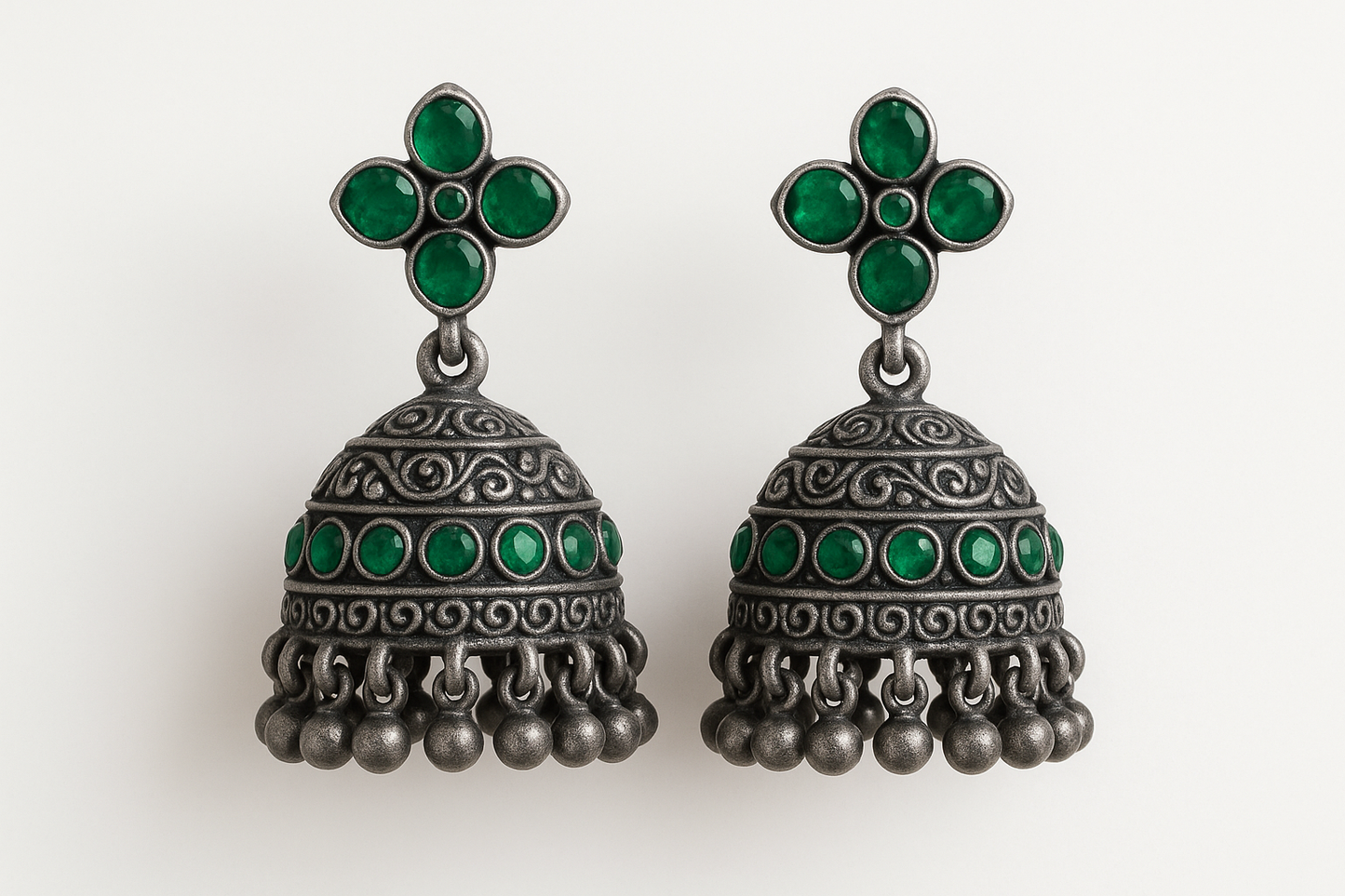 Oxidized Silver Jhumkas 51 with emerald give the image in png format no background
