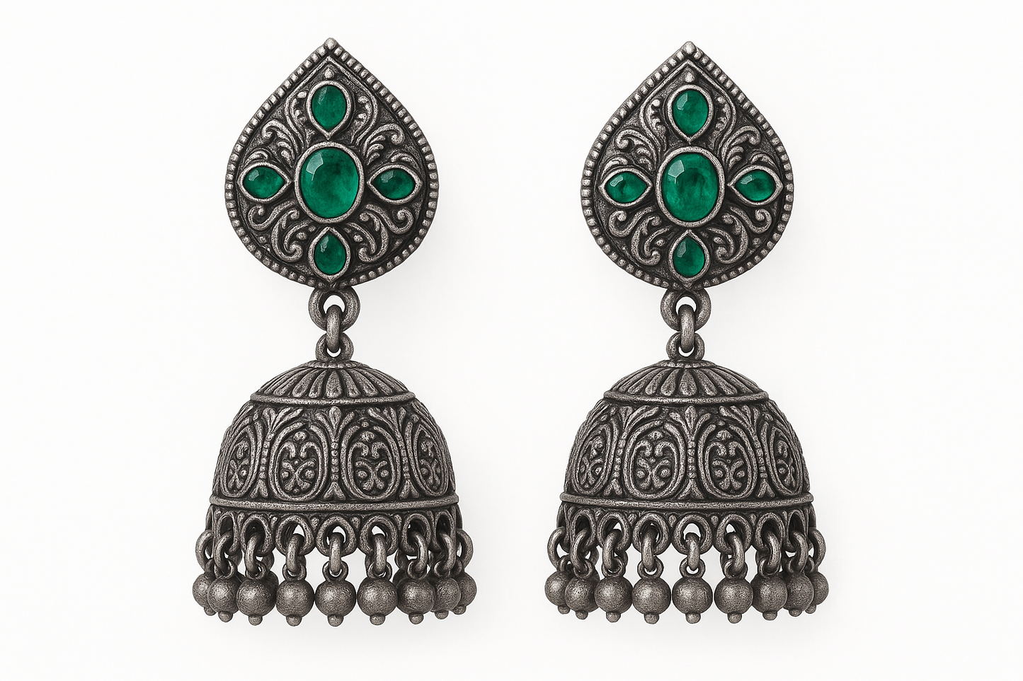 Oxidized Silver Jhumkas 51 with emerald give the image in png format no background 