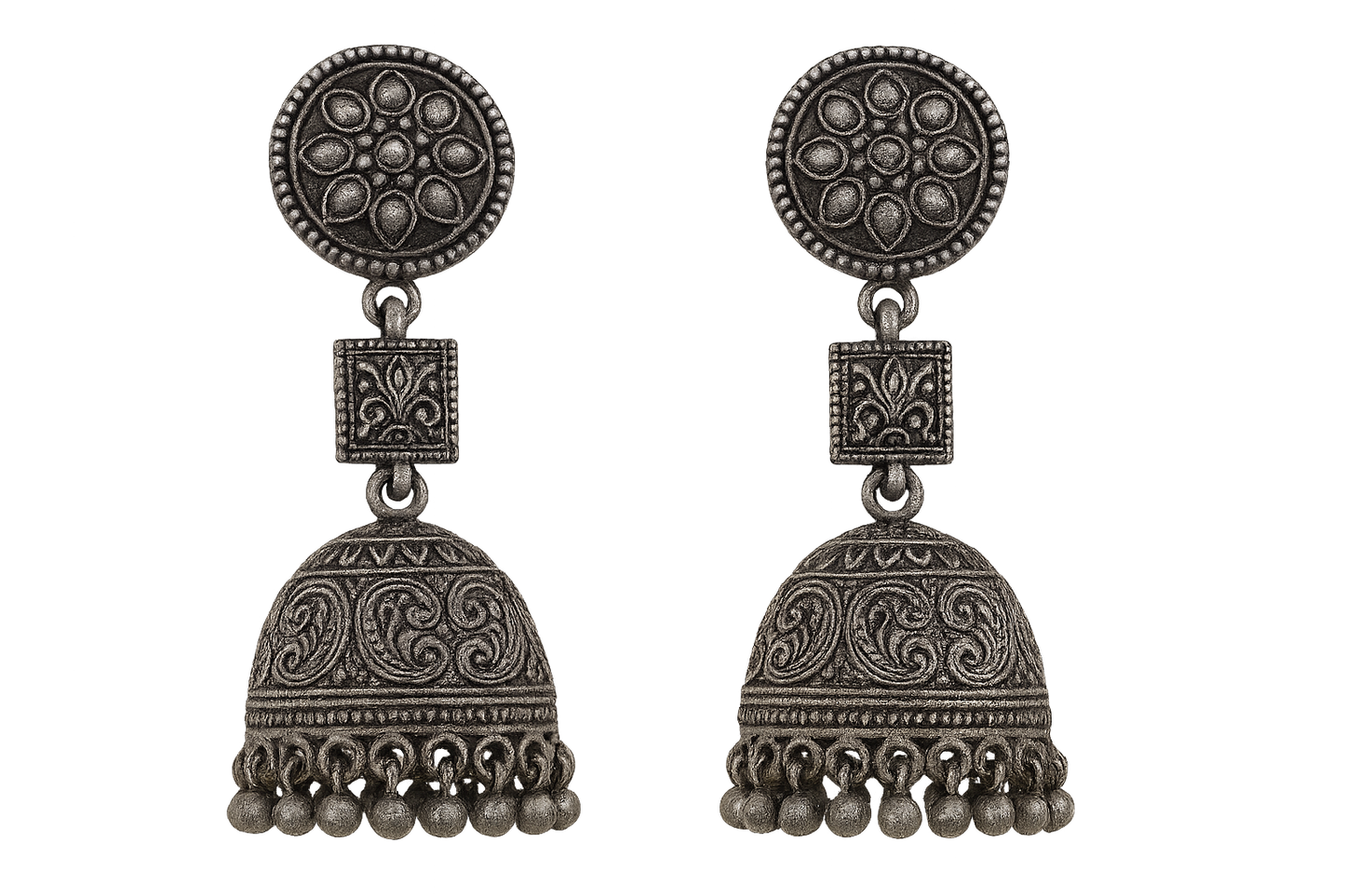 Oxidized Silver Jhumkas 51 with none give the image in png format no background 