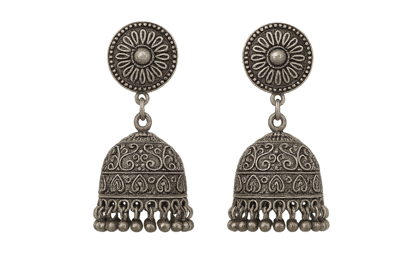 Oxidized Silver Jhumkas 51 with none give the image in png format no background