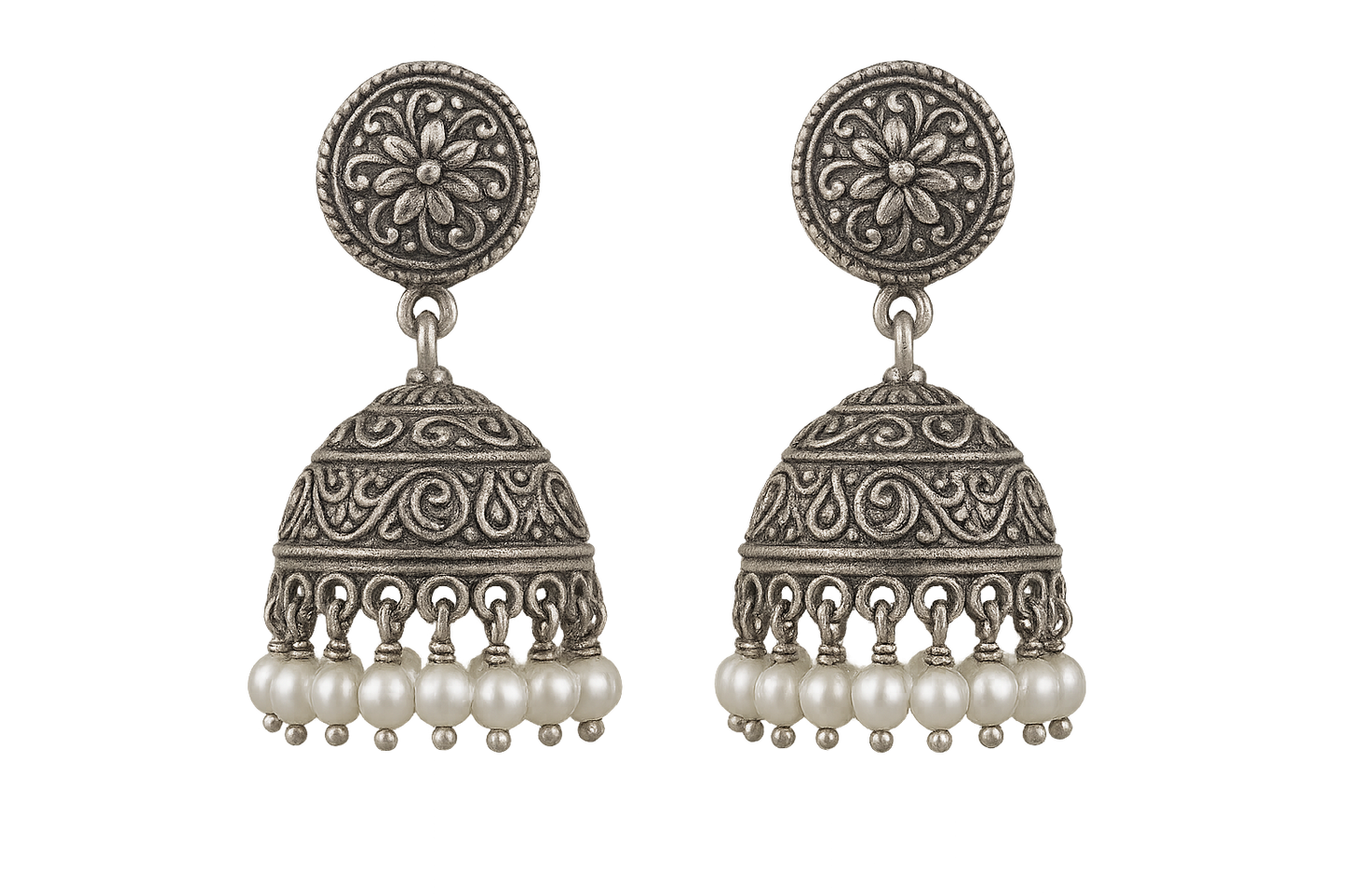 Oxidized Silver Jhumkas 51 with pearl give the image in png format no background 
