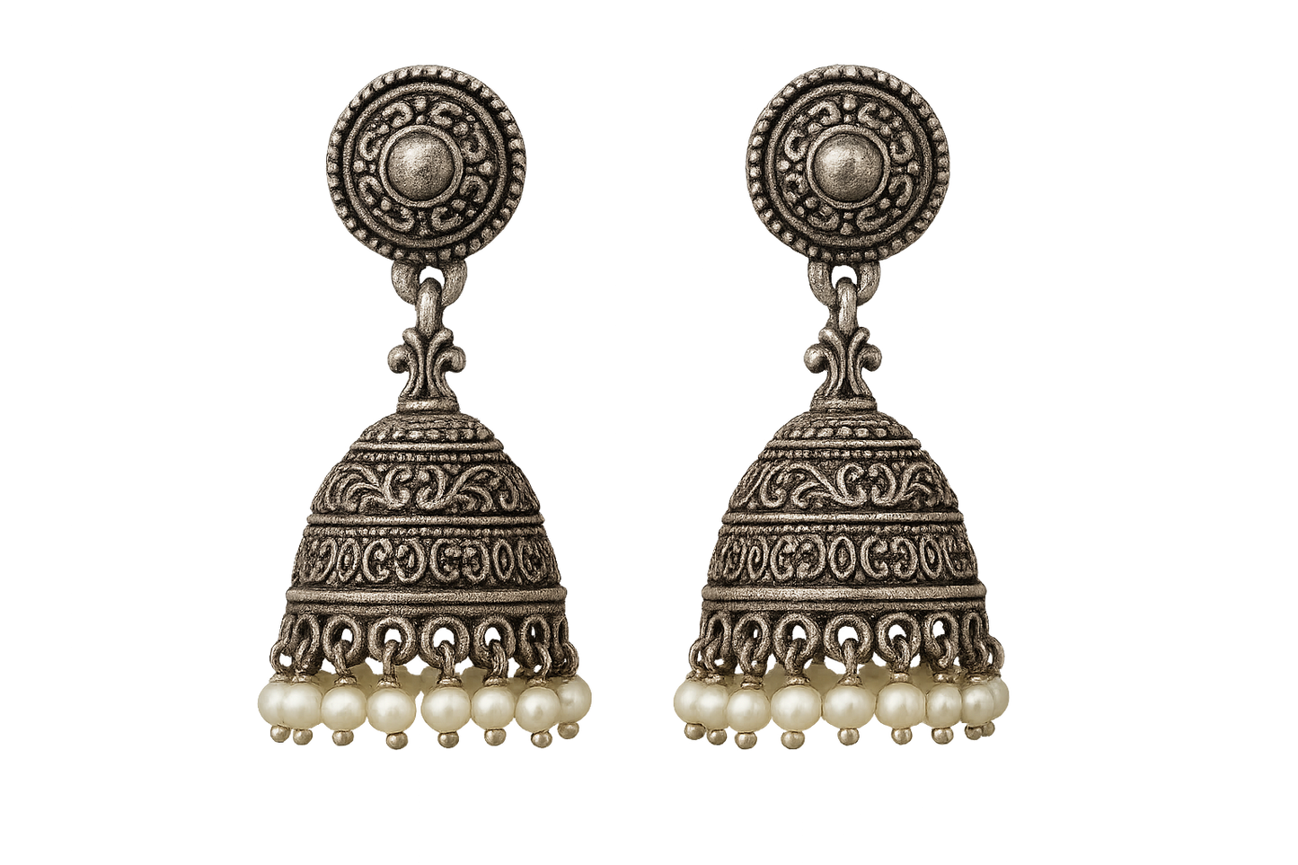 Oxidized Silver Jhumkas 51 with pearl give the image in png format no background