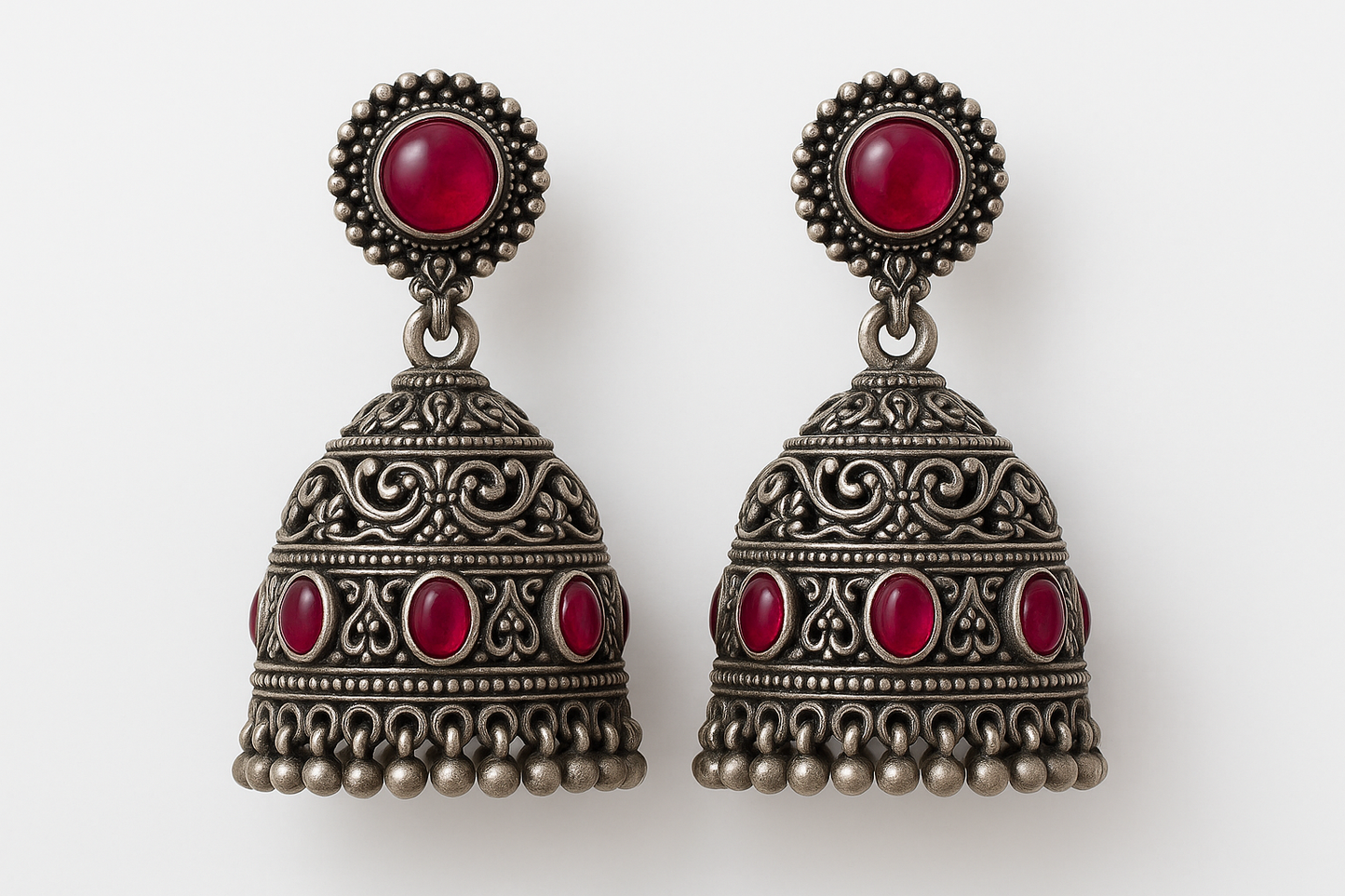 Oxidized Silver Jhumkas 51 with ruby give the image in png format no background 