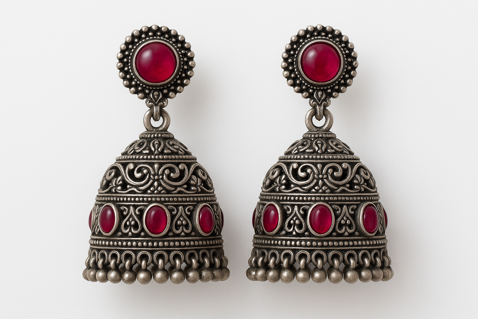 Oxidized Silver Jhumkas 51 with ruby give the image in png format no background 