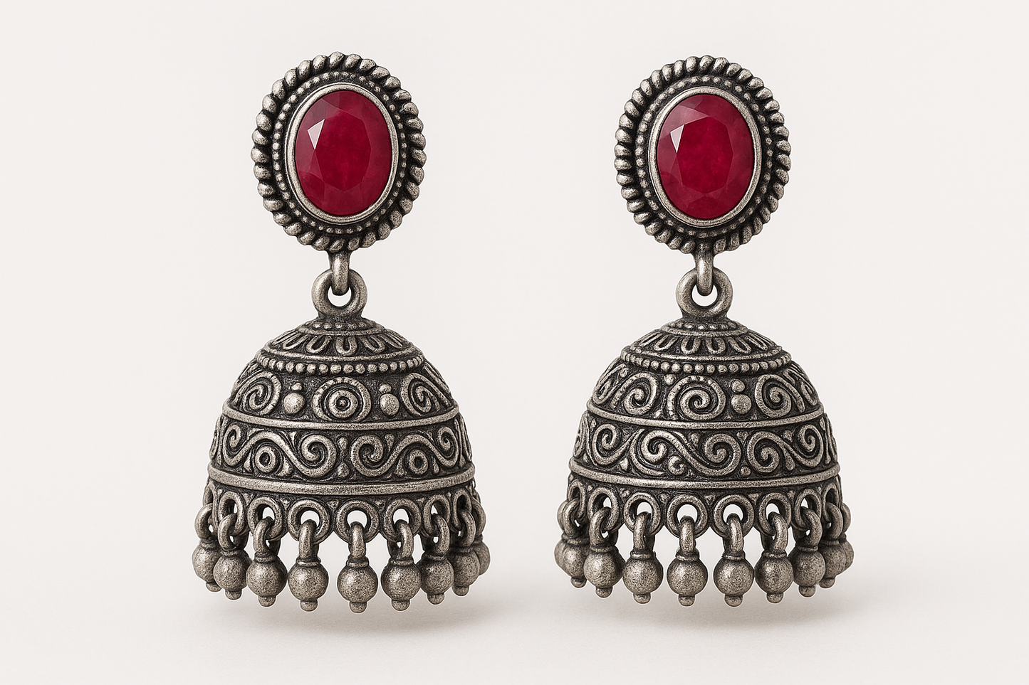 Oxidized Silver Jhumkas 51 with ruby give the image in png format no background 