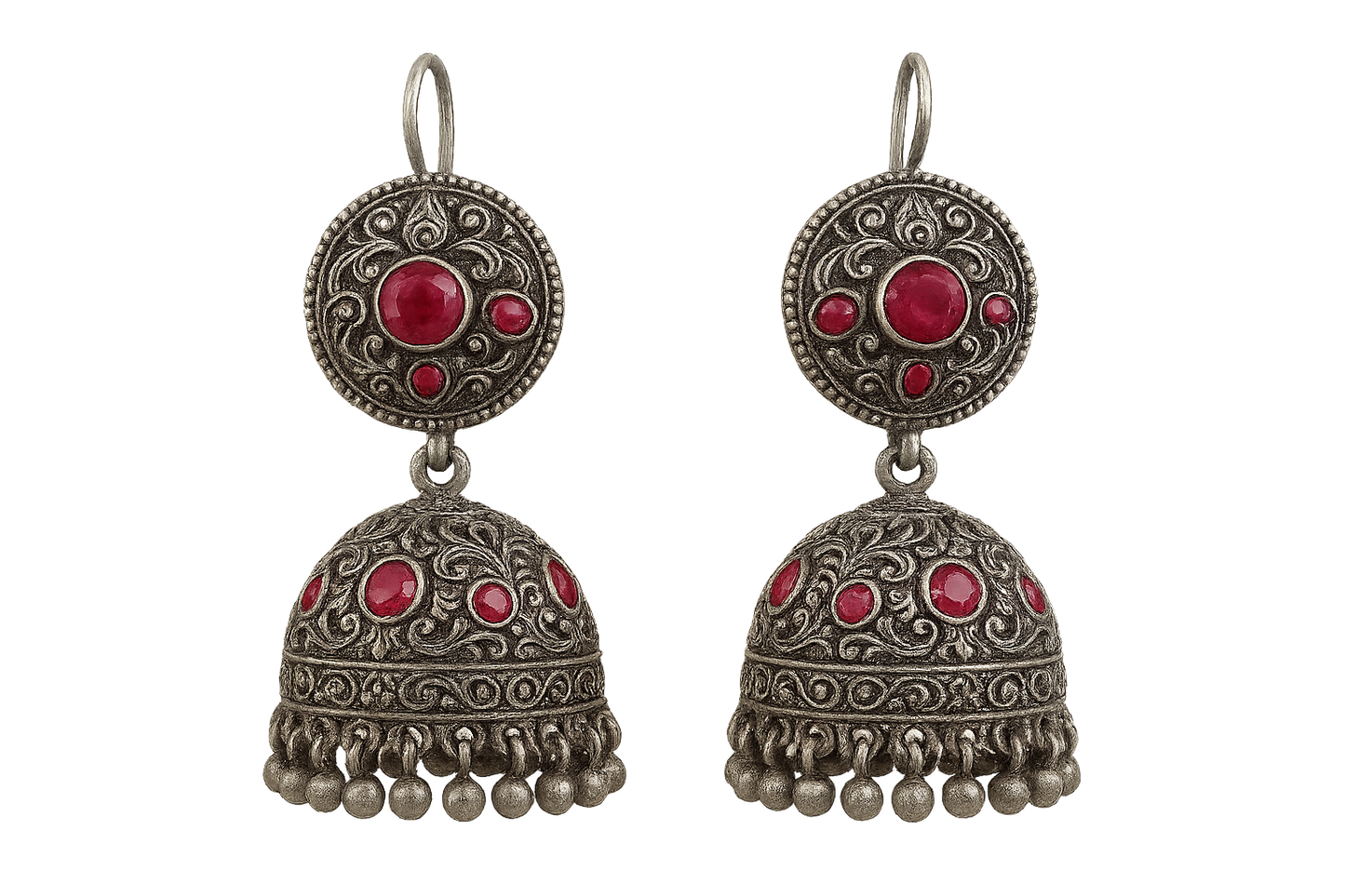Oxidized Silver Jhumkas 51 with ruby give the image in png format no background 