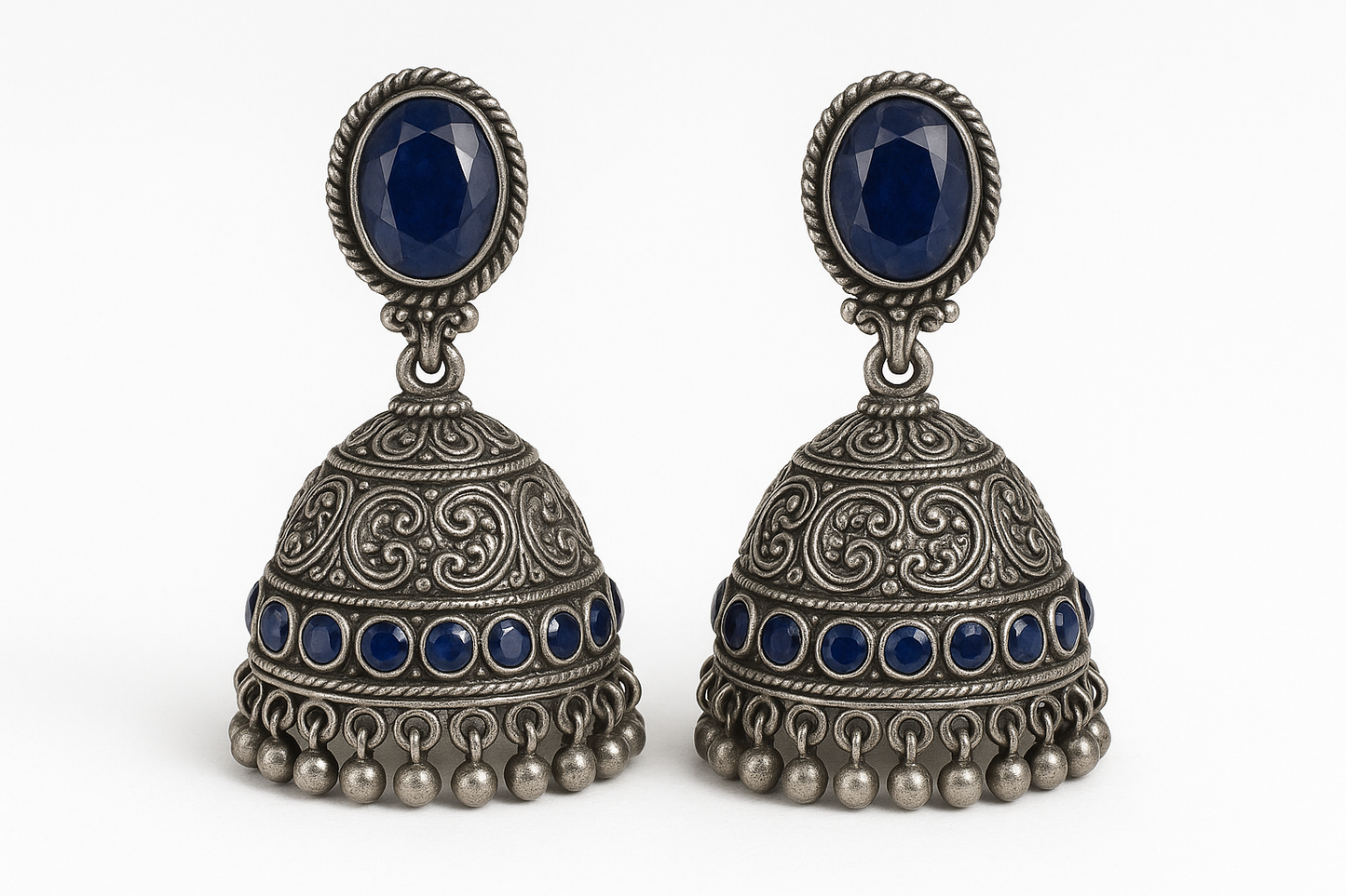 Oxidized Silver Jhumkas 51 with sapphire give the image in png format no background 