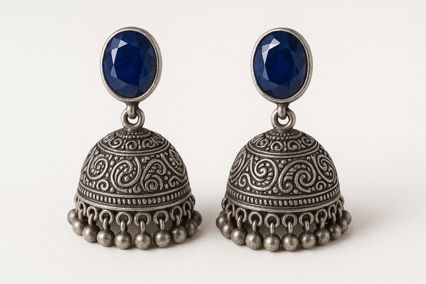Oxidized Silver Jhumkas 51 with sapphire give the image in png format no background 