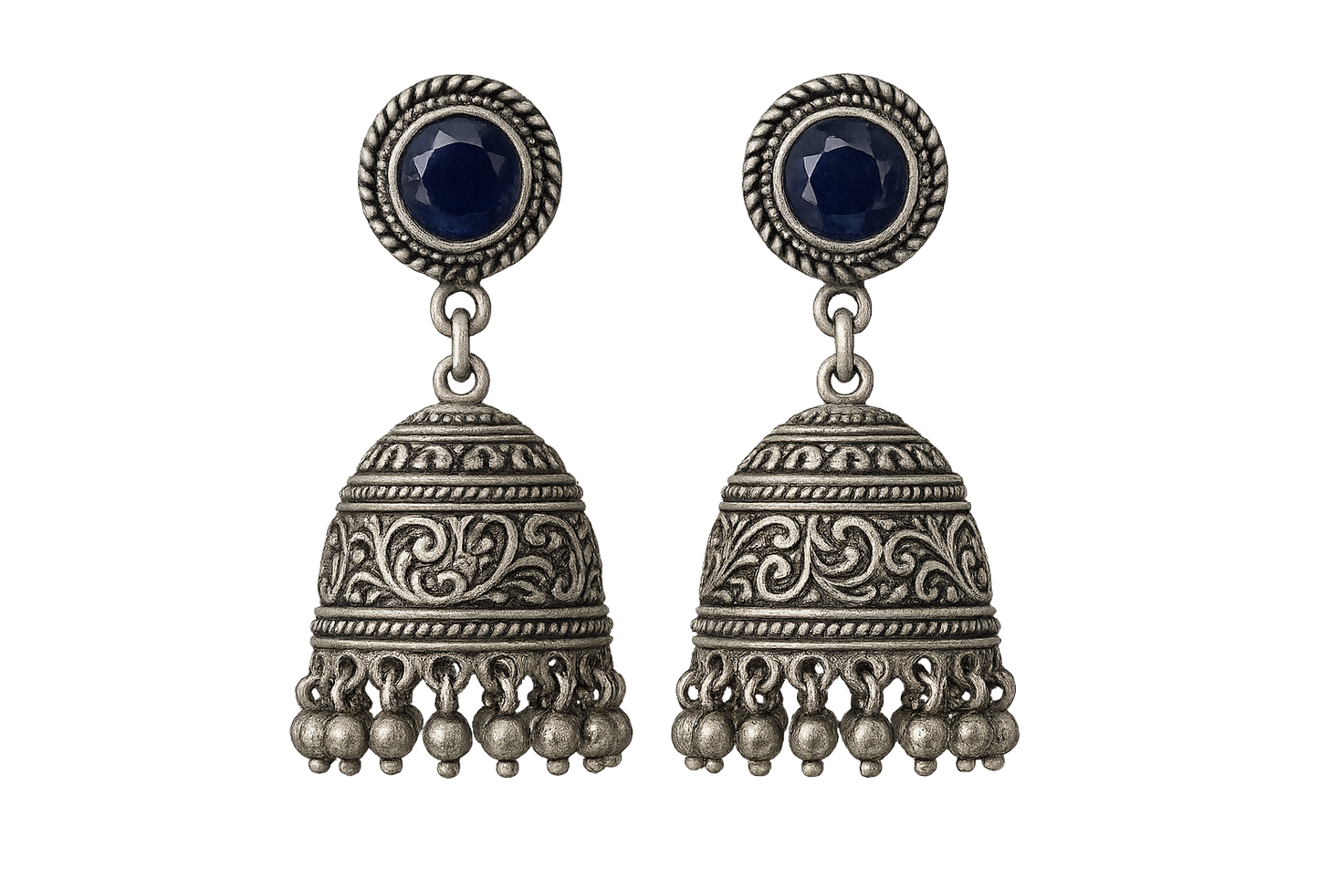 Oxidized Silver Jhumkas 51 with sapphire give the image in png format no background