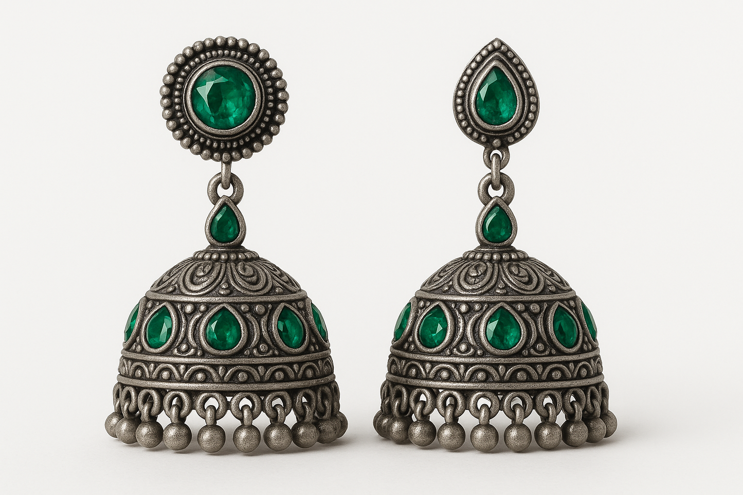 Oxidized Silver Jhumkas 52 with emerald give the image in png format no background 