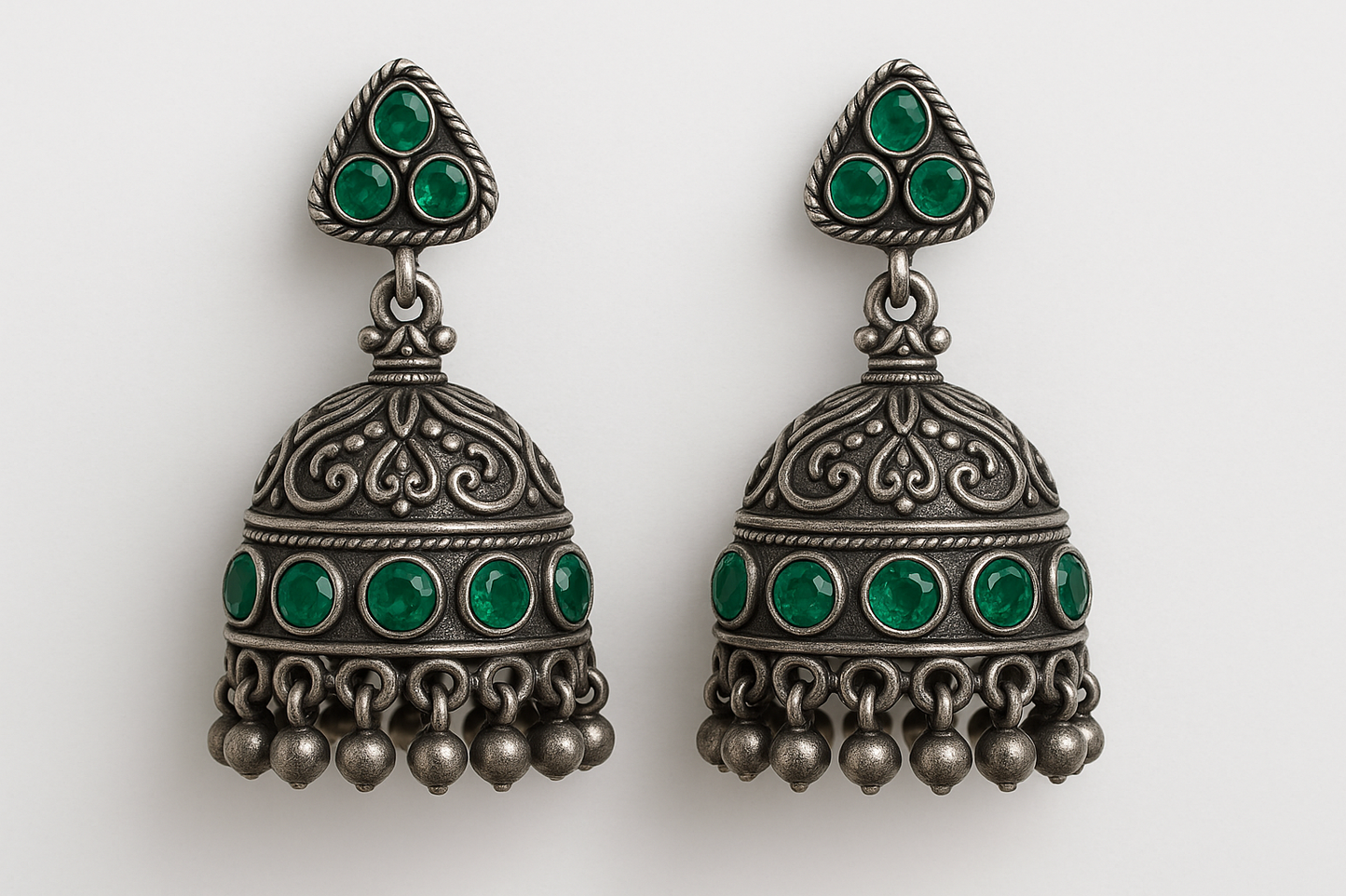 Oxidized Silver Jhumkas 52 with emerald give the image in png format no background