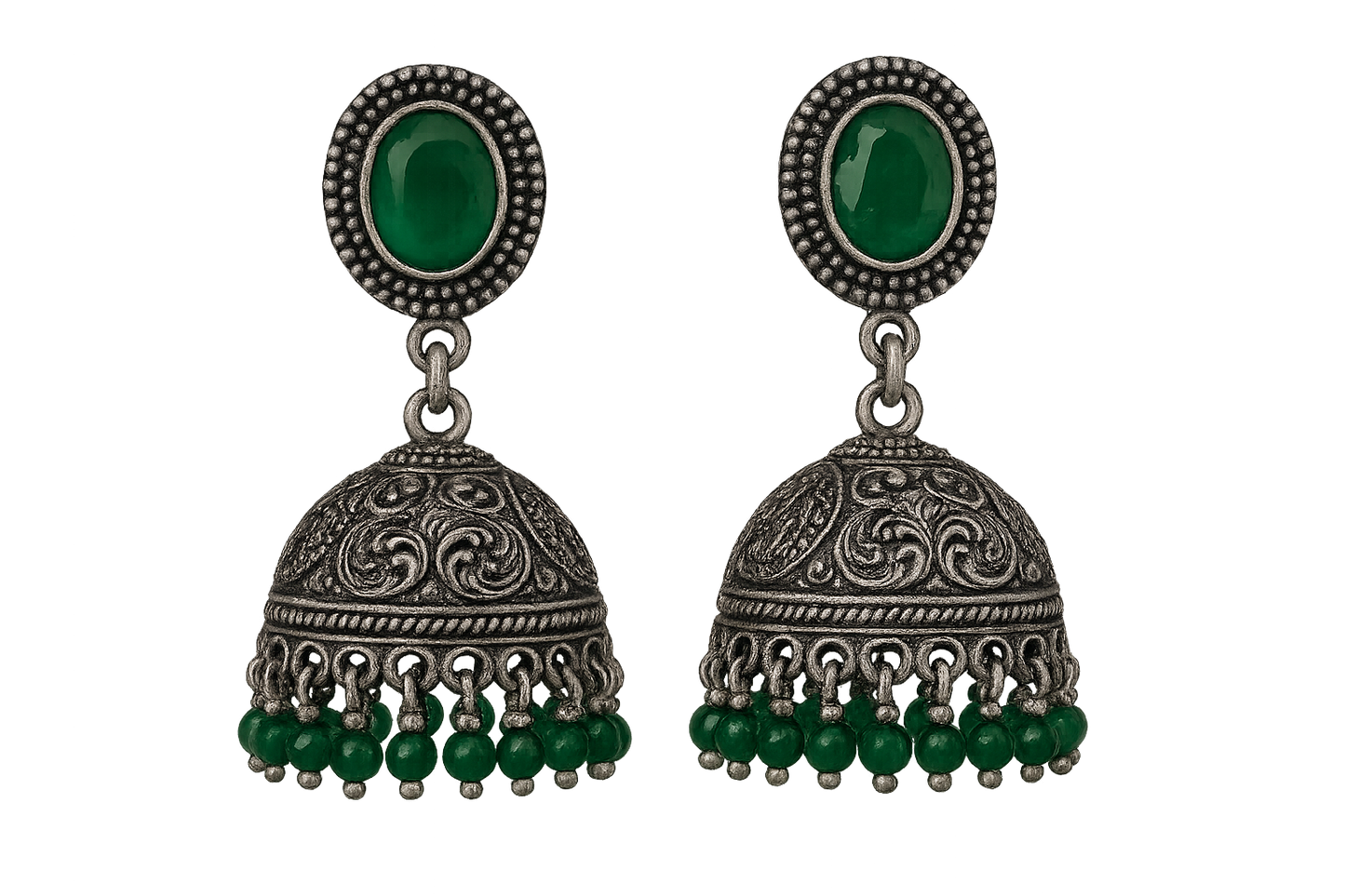 Oxidized Silver Jhumkas 52 with emerald give the image in png format no background 