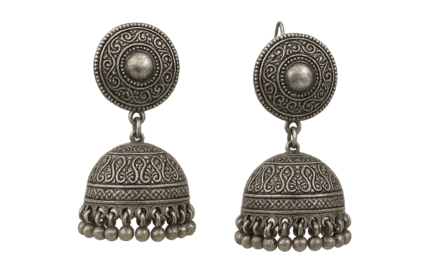 Oxidized Silver Jhumkas 52 with none give the image in png format no background 