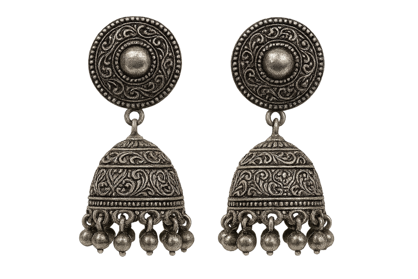 Oxidized Silver Jhumkas 52 with none give the image in png format no background 
