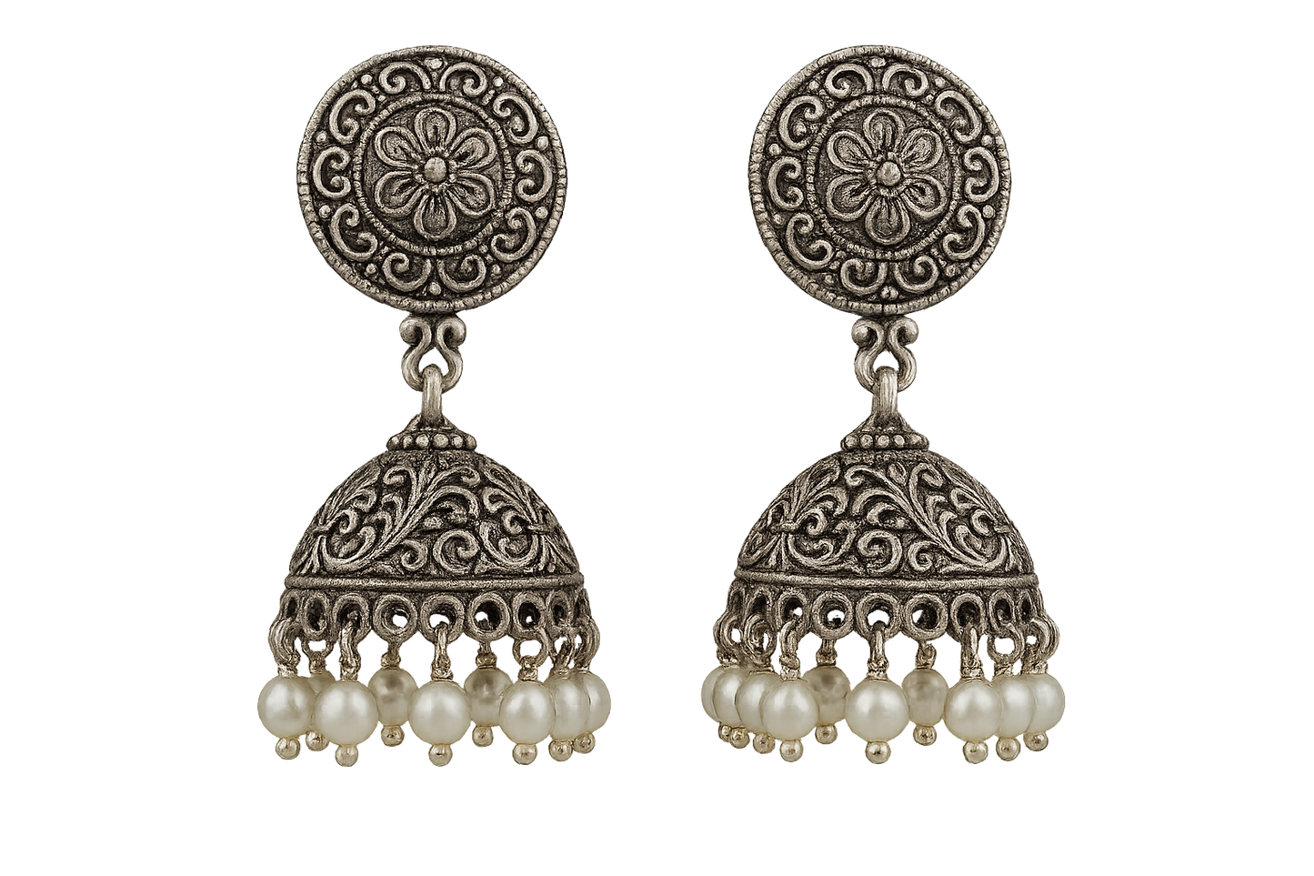 Oxidized Silver Jhumkas 52 with pearl give the image in png format no background 