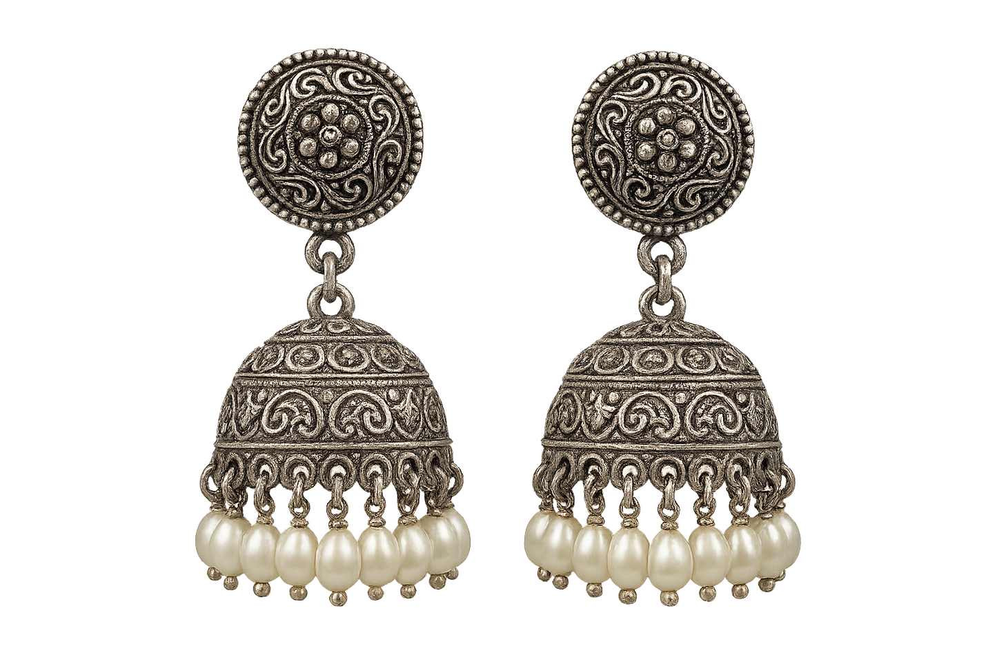 Oxidized Silver Jhumkas 52 with pearl give the image in png format no background 