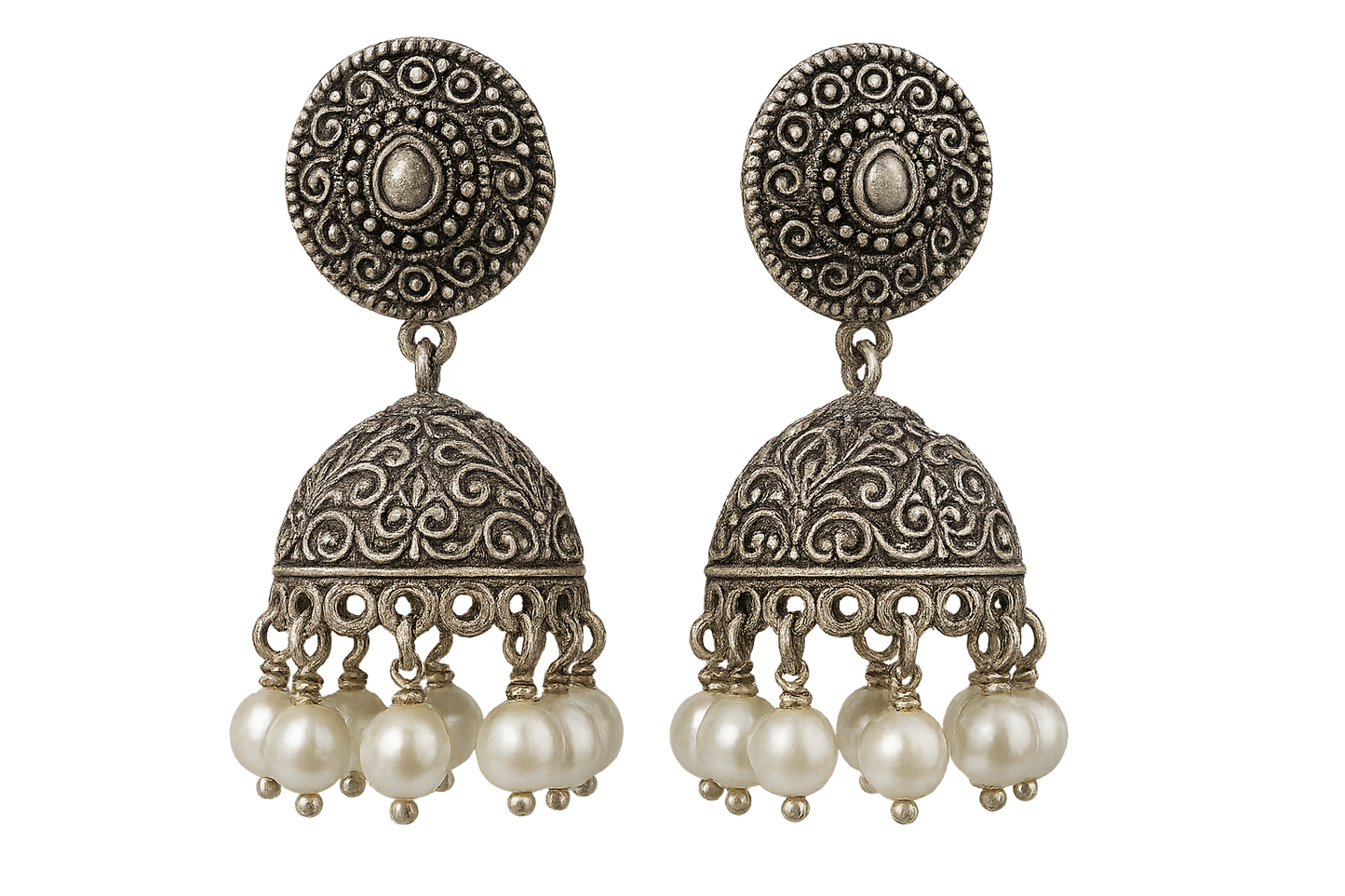 Oxidized Silver Jhumkas 52 with pearl give the image in png format no background 