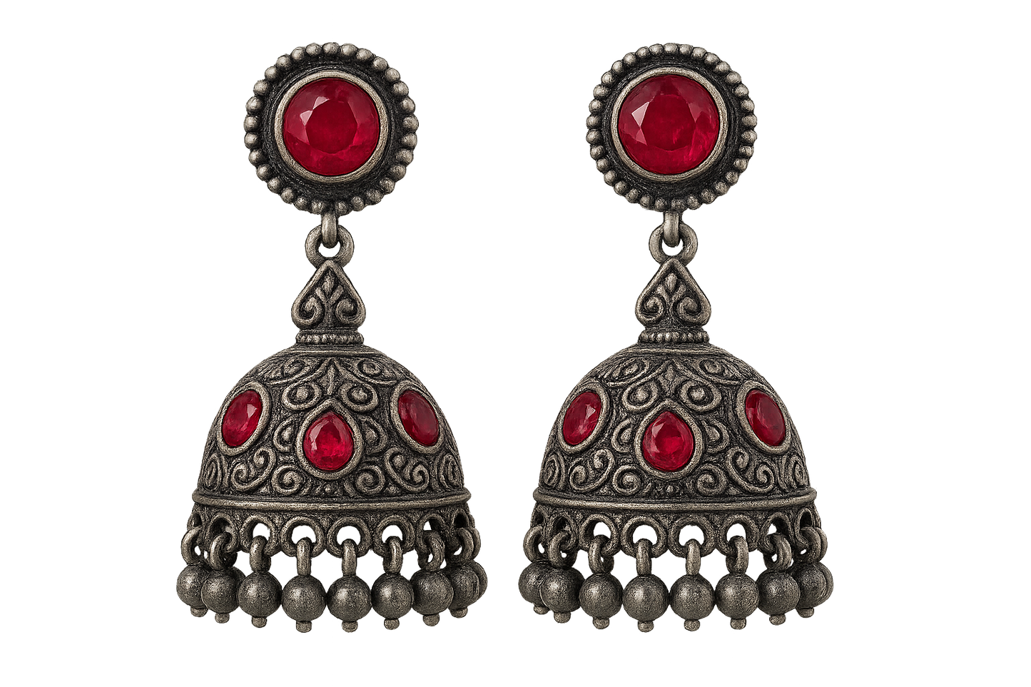 Oxidized Silver Jhumkas 52 with ruby give the image in png format no background 
