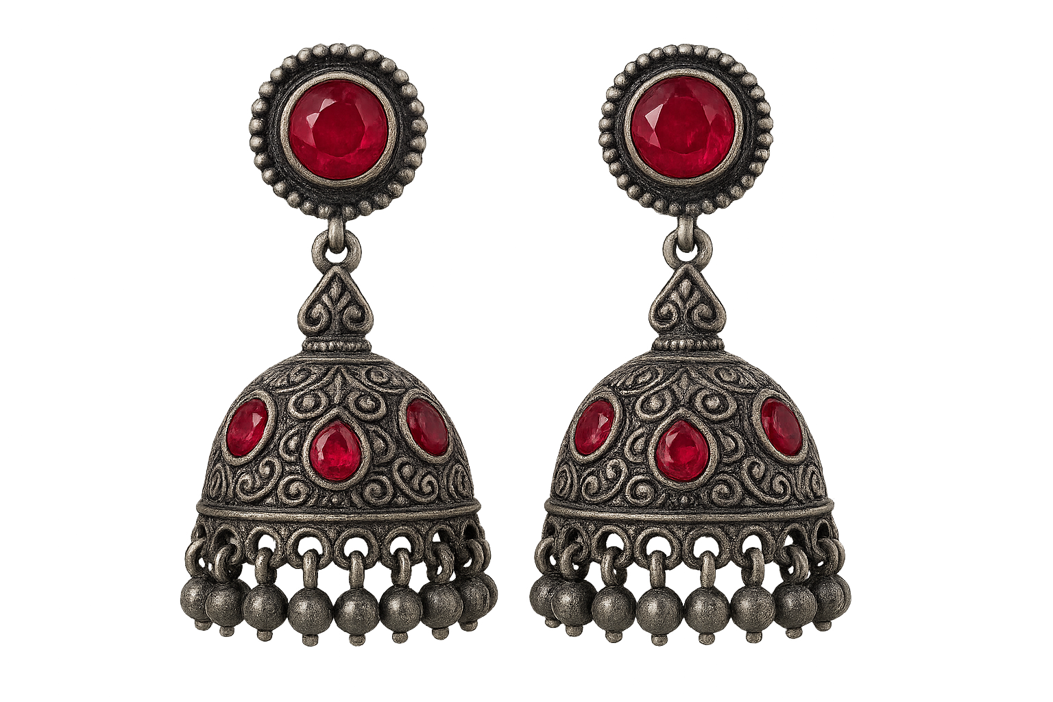 Oxidized Silver Jhumkas 52 with ruby give the image in png format no background 