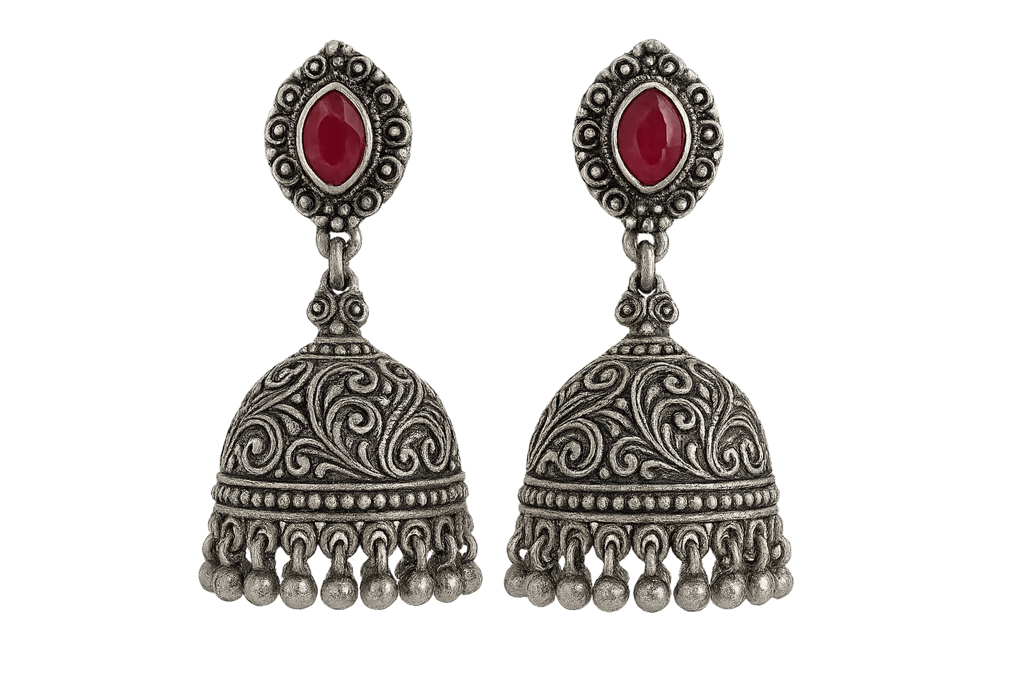  Oxidized Silver Jhumkas 52 with ruby give the image in png format no background 