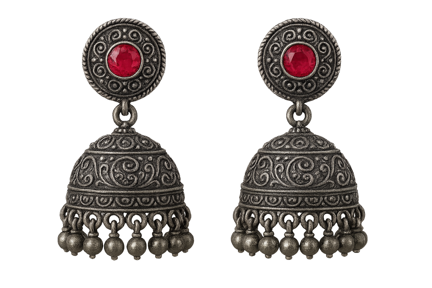 Oxidized Silver Jhumkas 52 with ruby give the image in png format no background 