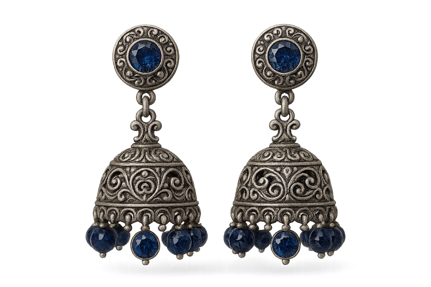 Oxidized Silver Jhumkas 52 with sapphire give the image in png format no background 