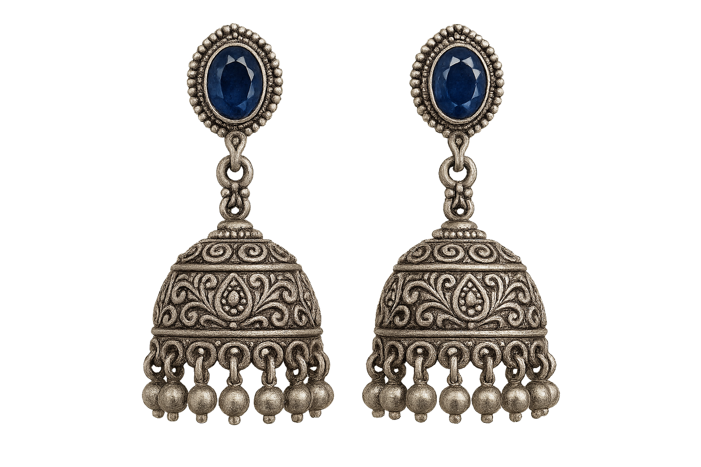 Oxidized Silver Jhumkas 52 with sapphire give the image in png format no background 
