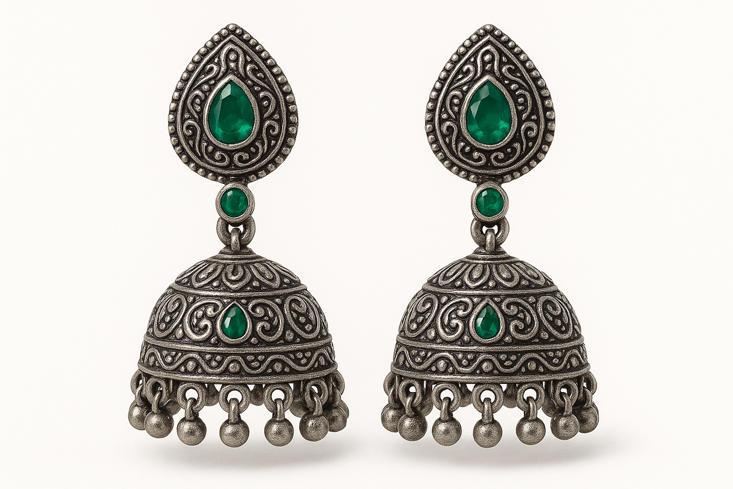 Oxidized Silver Jhumkas 57 with emerald give the image in png format no background