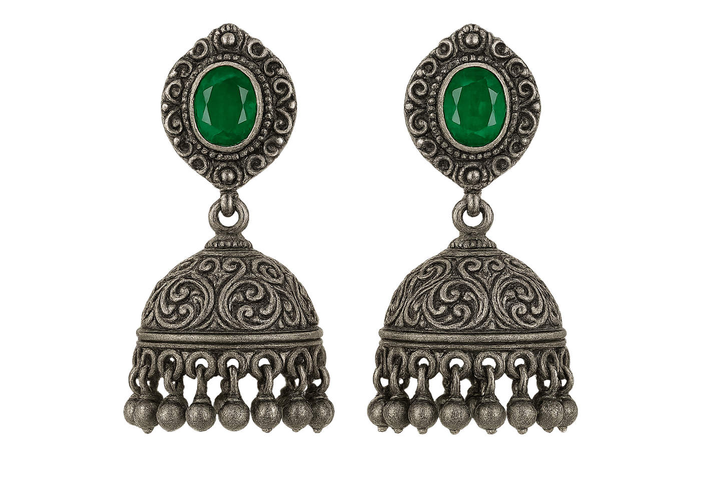 Oxidized Silver Jhumkas 57 with emerald give the image in png format no background