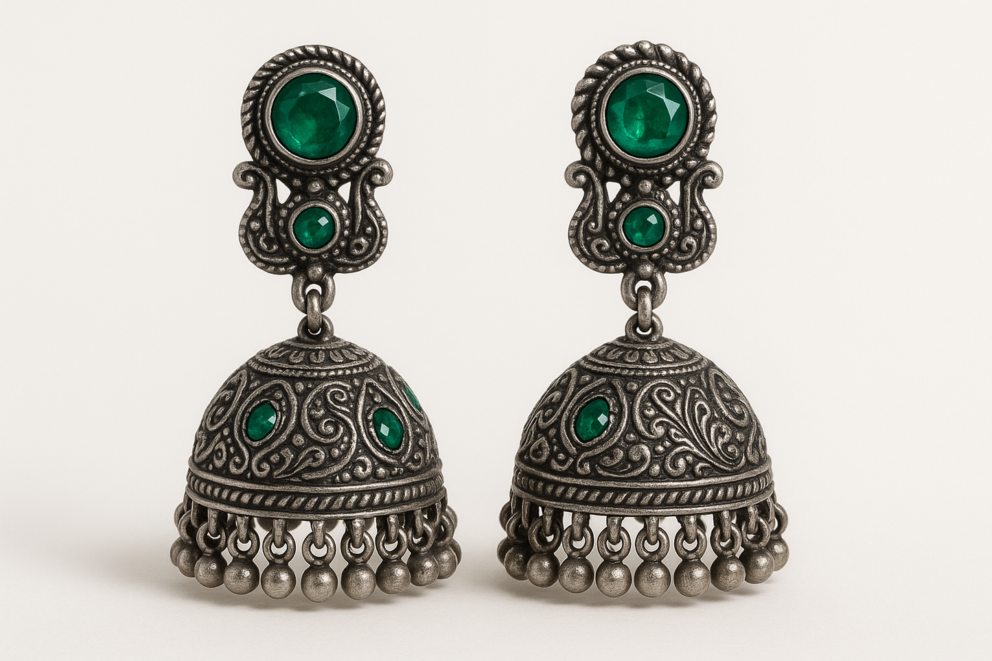 Oxidized Silver Jhumkas 57 with emerald give the image in png format no background