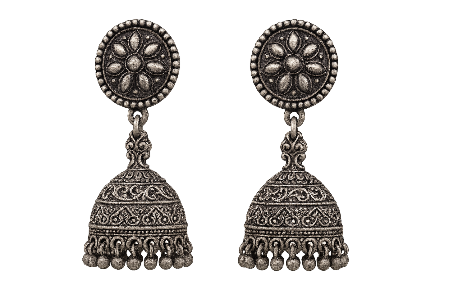 Oxidized Silver Jhumkas 57 with none give the image in png format no background 