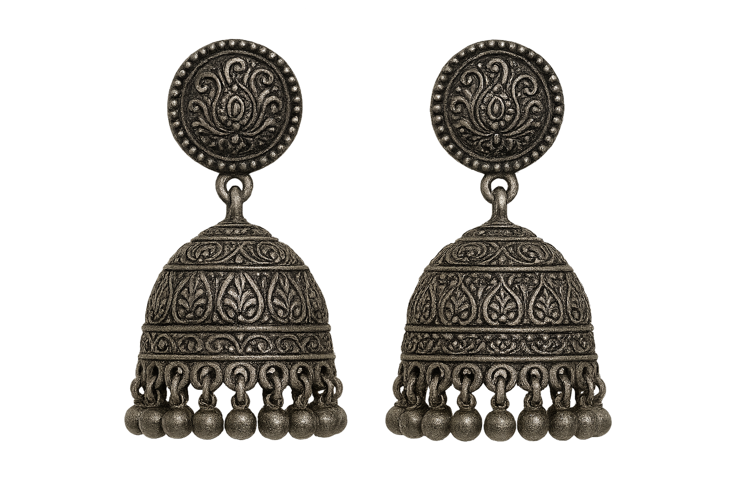 Oxidized Silver Jhumkas 57 with none give the image in png format no background 