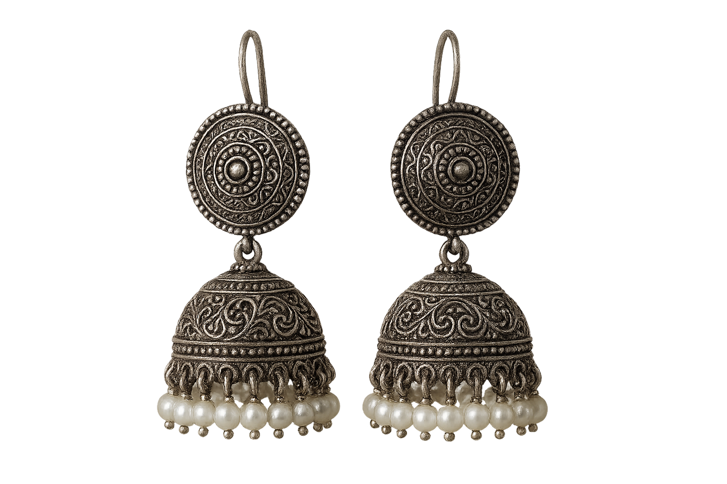 Oxidized Silver Jhumkas 57 with pearl give the image in png format no background