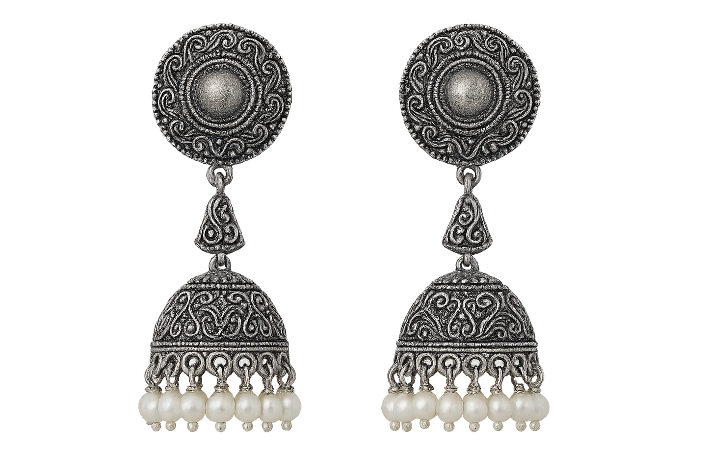 Oxidized Silver Jhumkas 57 with pearl give the image in png format no background 