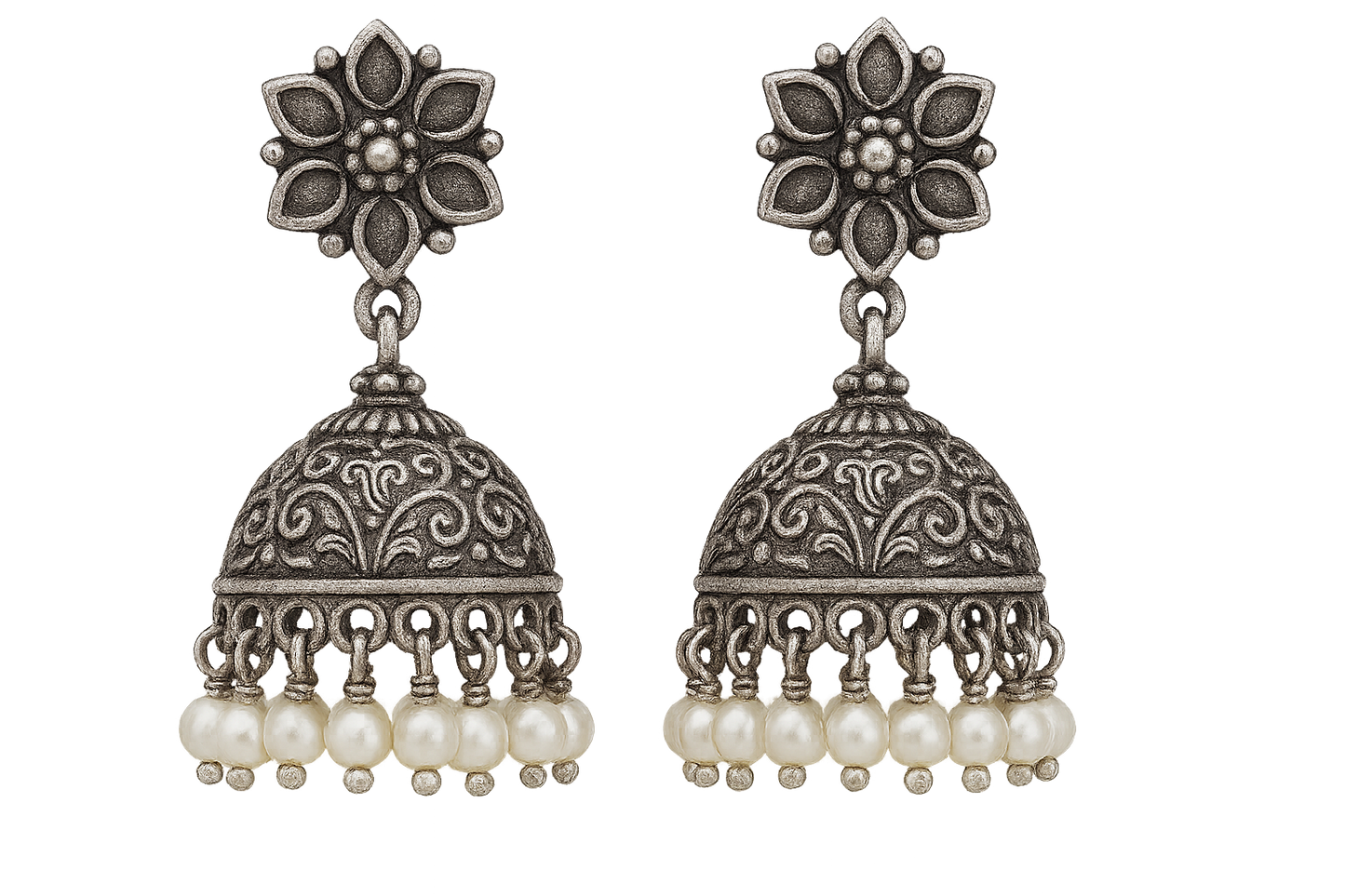 Oxidized Silver Jhumkas 57 with pearl give the image in png format no background