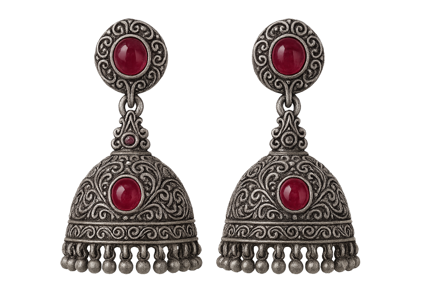 Oxidized Silver Jhumkas 57 with ruby give the image in png format no background