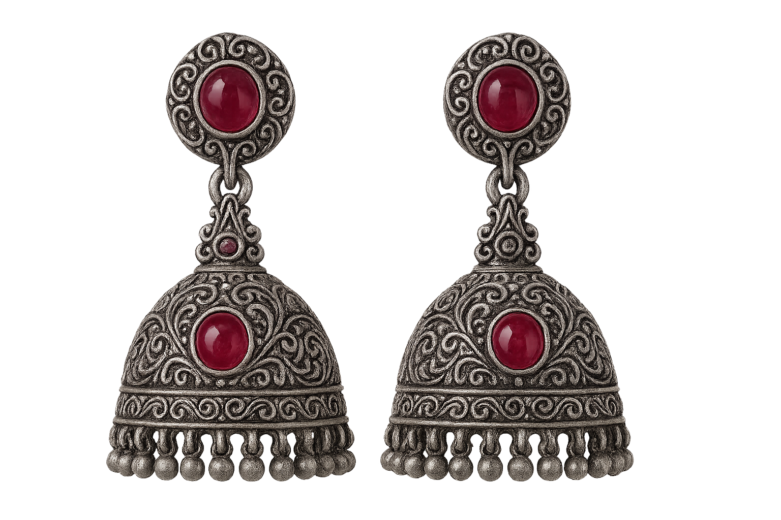 Oxidized Silver Jhumkas 57 with ruby give the image in png format no background