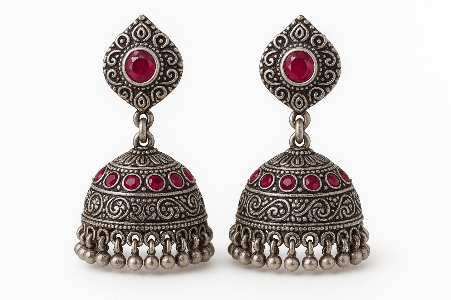Oxidized Silver Jhumkas 57 with ruby give the image in png format no background